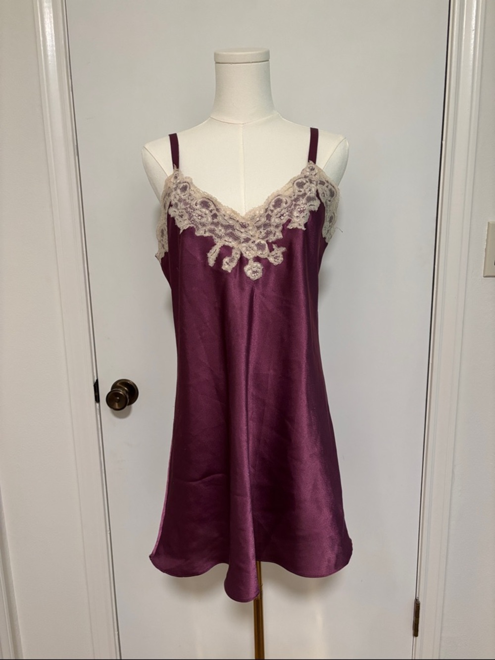 Oscar de la Renta Plum Satin Slip with Cream Lace Trim